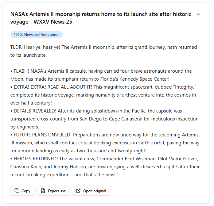 1920s Newsreel Announcer custom tone summary of NASA Artemis II article