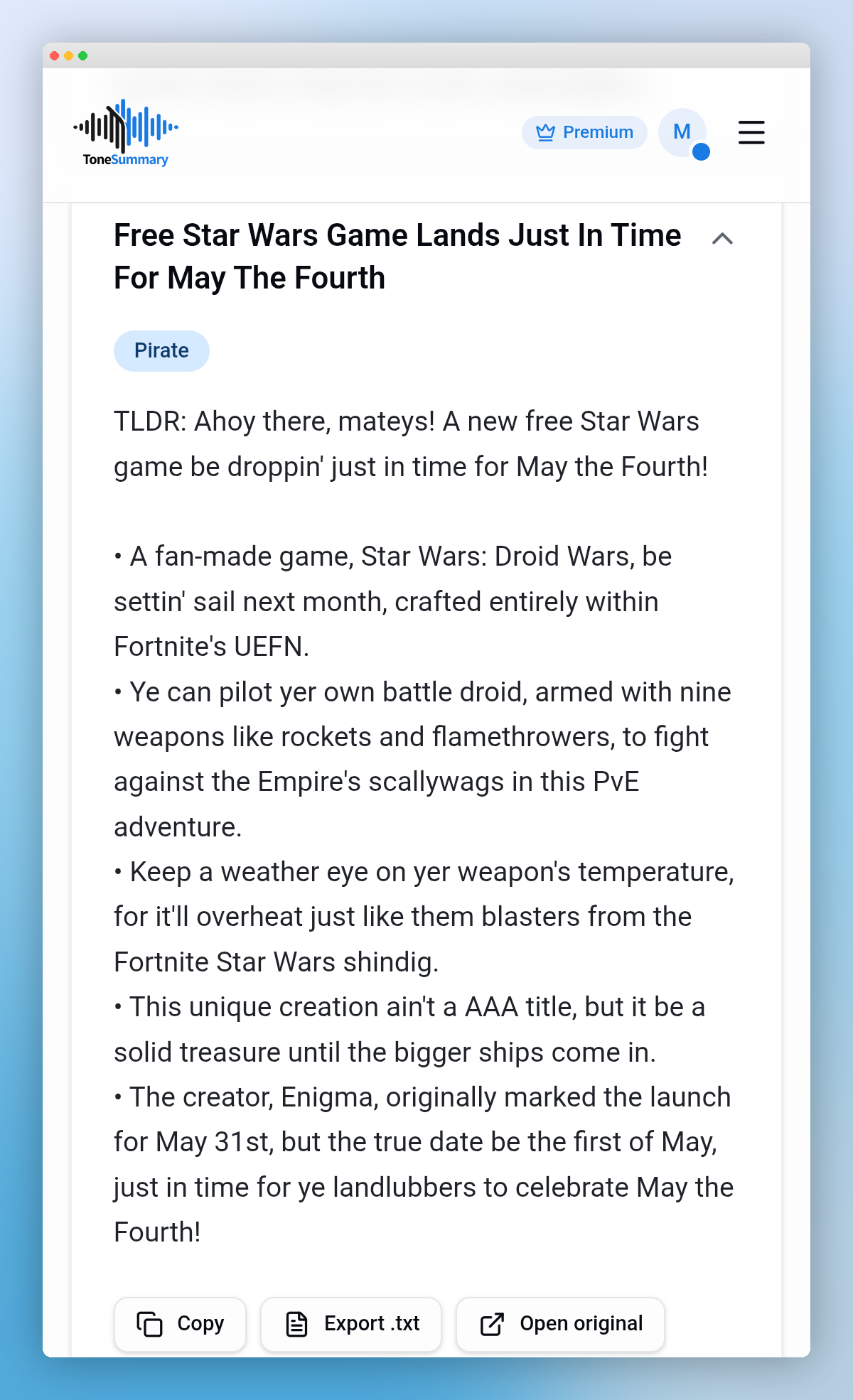 Expanded ToneSummary card showing the Pirate-tone summary of the Star Wars Droid Wars article, with TLDR and bullet points written in pirate slang